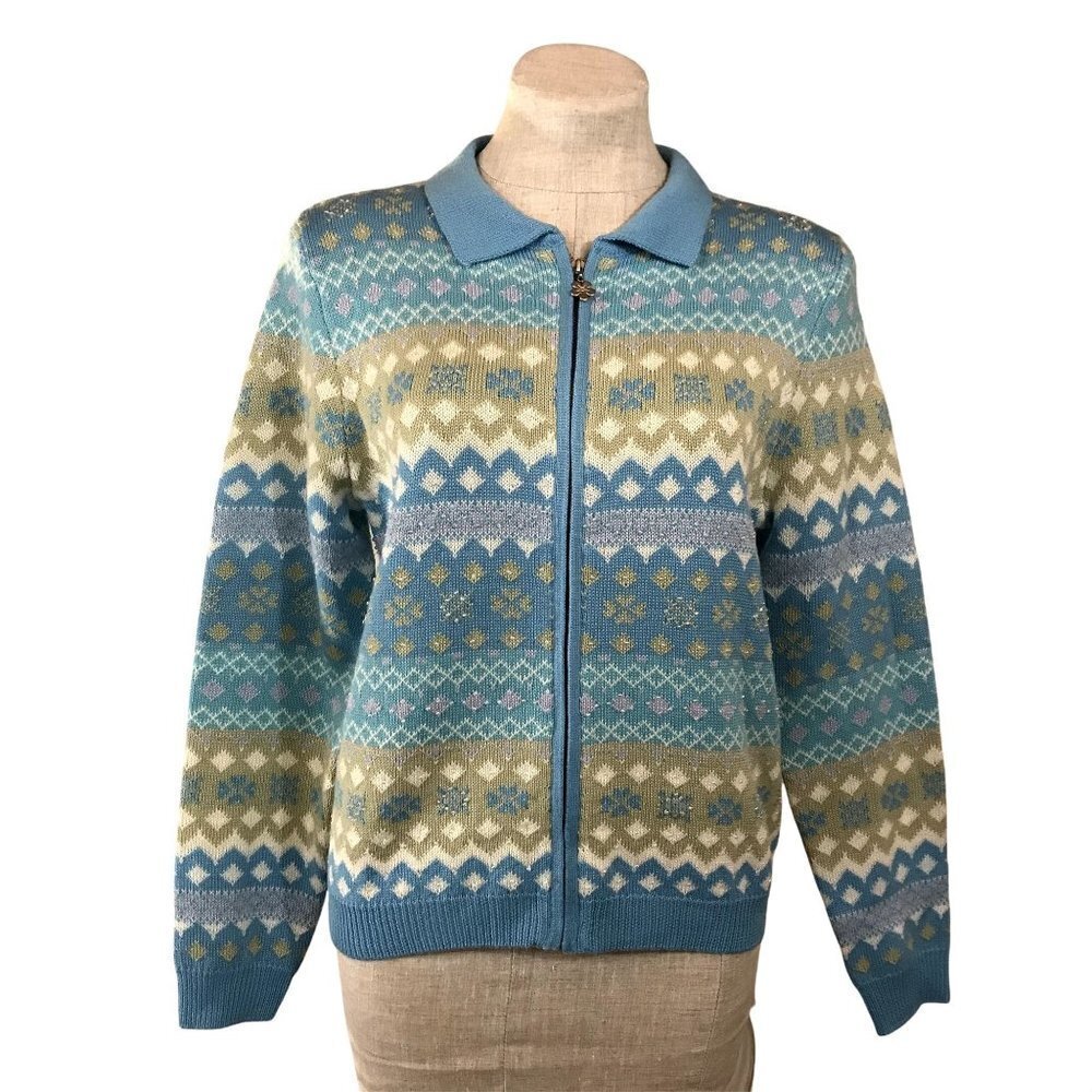 Vintage 90s Grannycore Women's Blue Cardigan Snowflake Fair Isle Striped Beaded